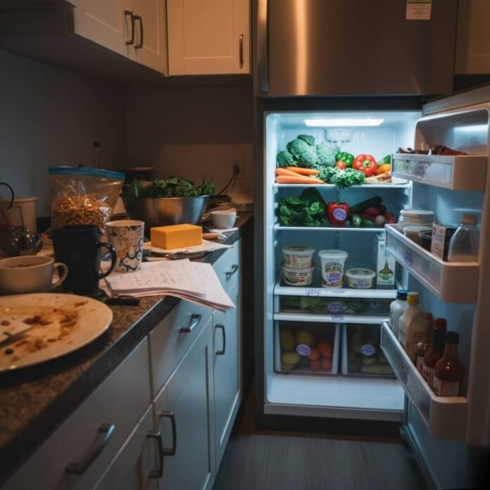 Cluttered kitchen counter, open fridge with "science approved" veggies. Cluttered kitchen counter, open fridge with "science approved" veggies.