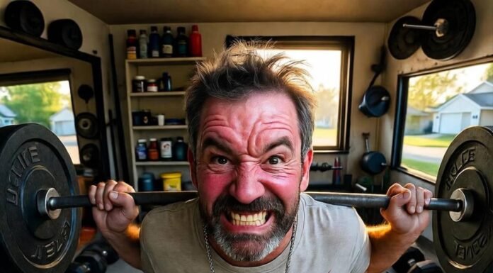 The Science of Strength Training for Long-Term Health Man lifting barbell with rubber duck in garage.