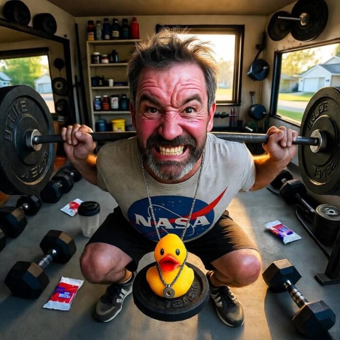 Man lifting barbell with rubber duck in garage.