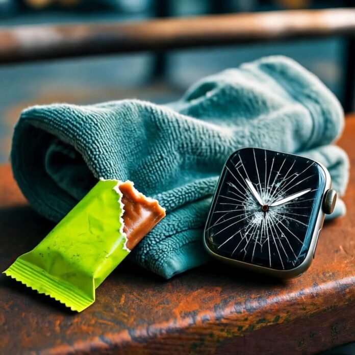 Cracked watch, bitten bar, sweaty towel—fail.