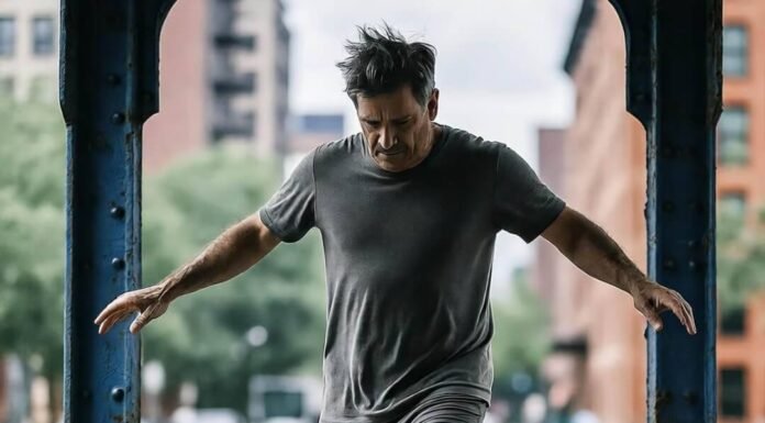 Why Balance Training Is the Key to Injury Prevention Man wobbling on subway slackline, coffee tipping.