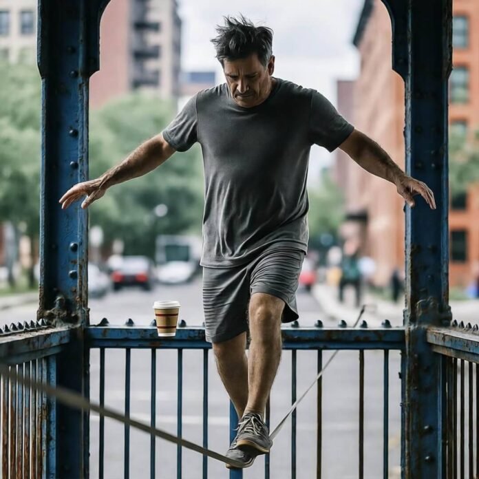 Man wobbling on subway slackline, coffee tipping.