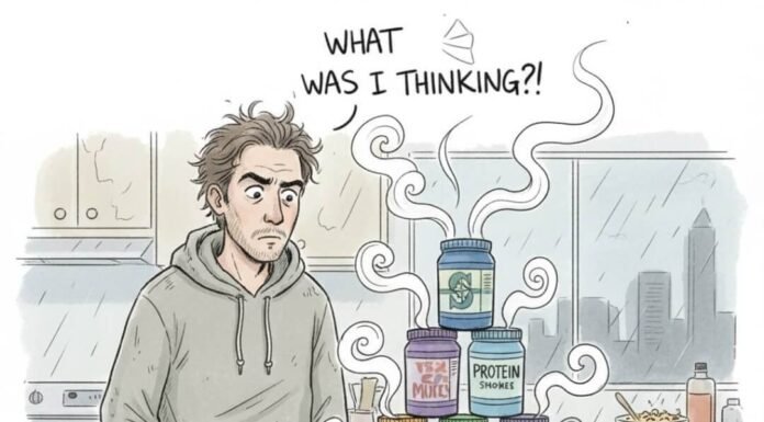 Protein Myths Debunked: How Much Do You Really Need? Man eyes towering protein shake pyramid skeptically.