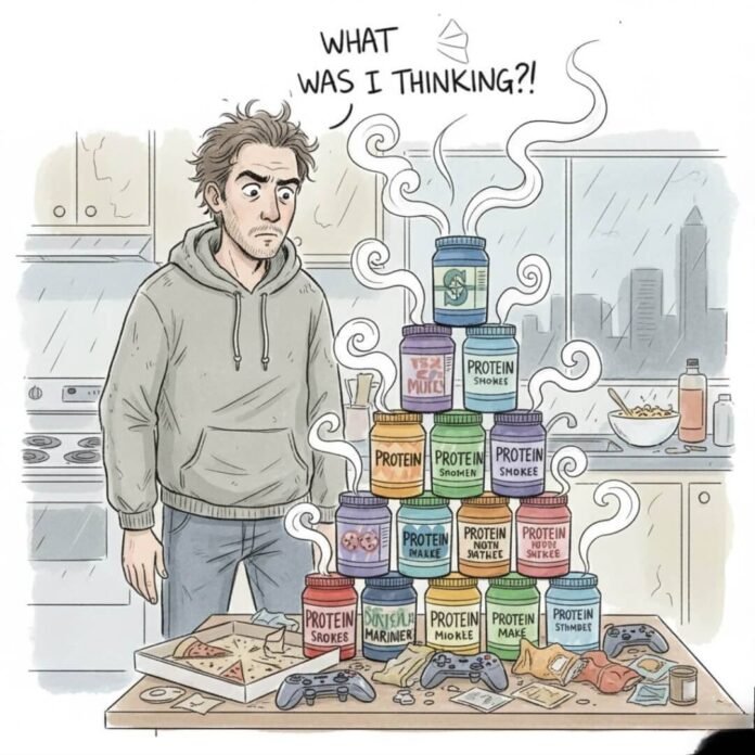 Man eyes towering protein shake pyramid skeptically.