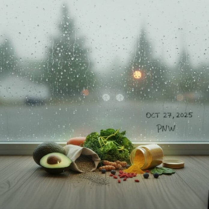 Superfoods dropped on floor, Seattle rain and window blur.