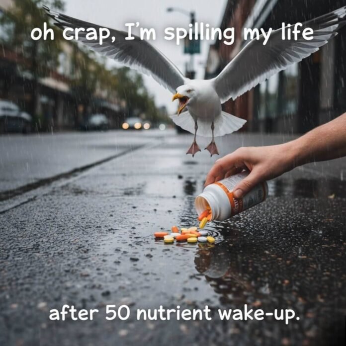 Seagull attacks spilled vitamins on rainy Seattle street.