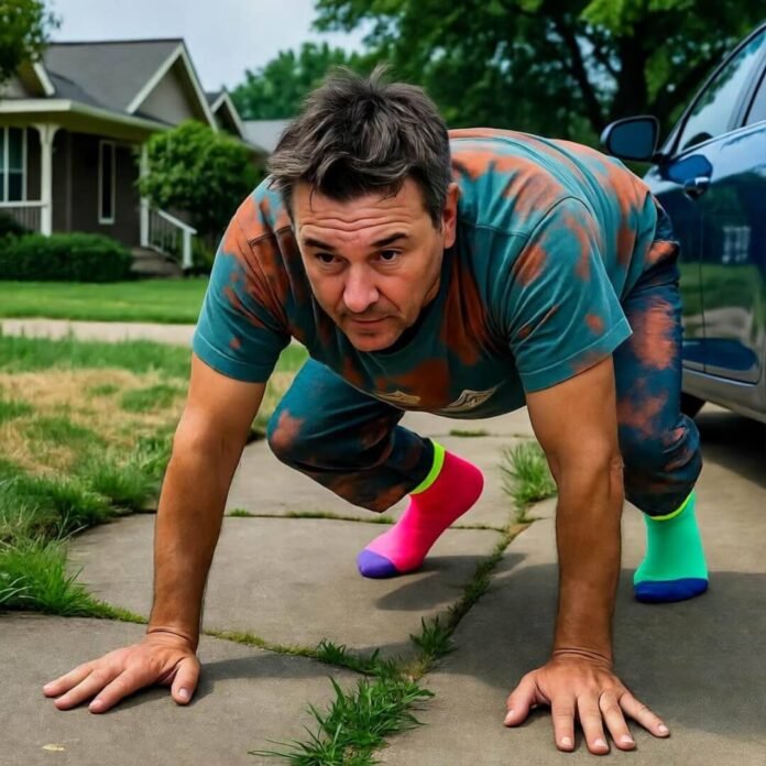 Clumsy downward dog on cracked driveway, neon socks.