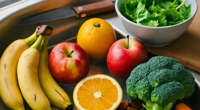 Healthy Gut, Healthy Life: The Nutrition–Digestion Connection Overhead view of colorful veggies and grains symbolizing the nutrition-digestion bond in a messy American kitchen.