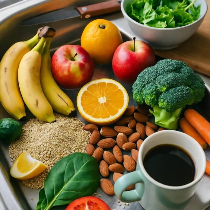 Overhead view of colorful veggies and grains symbolizing the nutrition-digestion bond in a messy American kitchen.