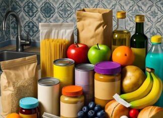 How to Eat Smart on a Budget Without Sacrificing Nutrition Messy yet hopeful spread of affordable healthy foods in a quirky digital style