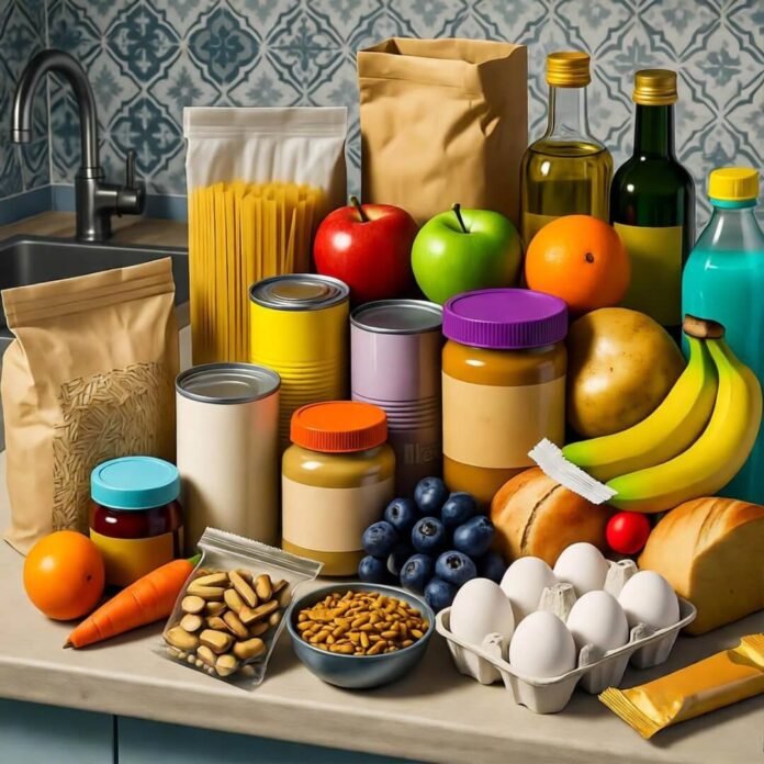 Messy yet hopeful spread of affordable healthy foods in a quirky digital style