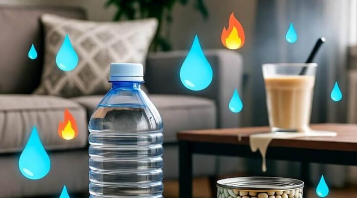 20-Minute Workouts That Burn Fat and Build Strength at Home "DIY home workout chaos: mismatched water bottle and bean can dumbbells on a half-rolled rug, spilled protein shake, with cartoon sweat drops turning into flames."