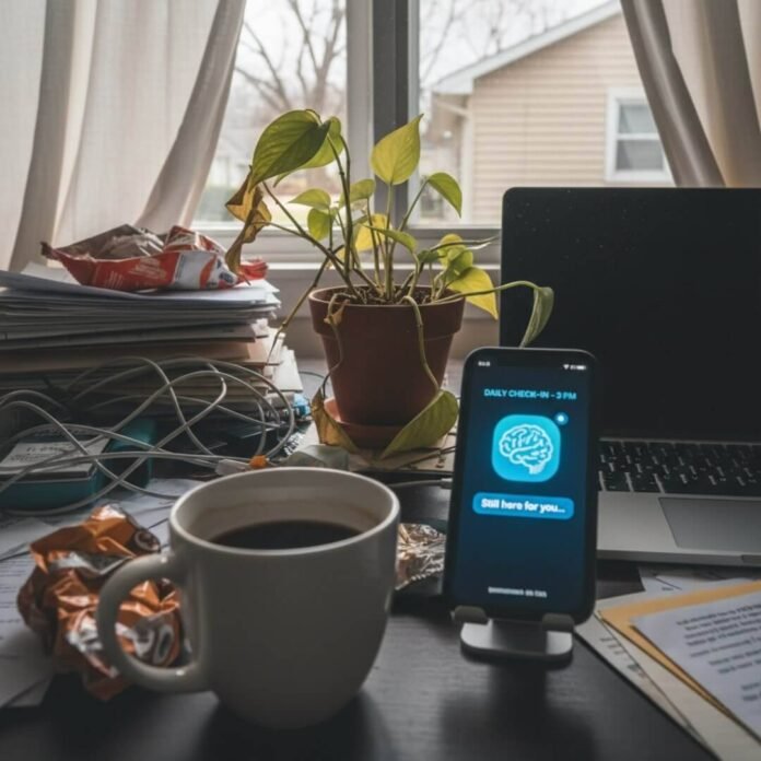 Desk chaos: half-empty coffee, dying plant, therapy app, suburban Ohio.