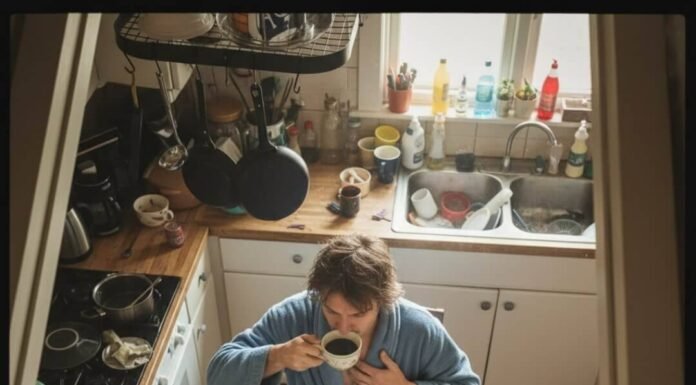 The Hidden Early Signs of Heart Disease You Can’t Ignore Overhead kitchen view: person sips coffee, hand on chest, subtle pain.