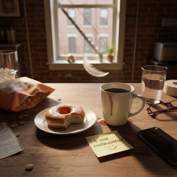 Coffee-stained sticky note reading "5 min mindfulness!" from a low angle.
