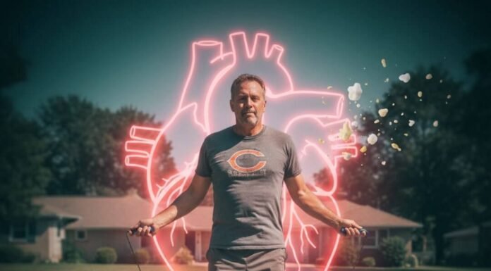 How Regular Exercise Prevents Chronic Diseases Man jump-roping with donut, glowing heart, and cholesterol confetti.