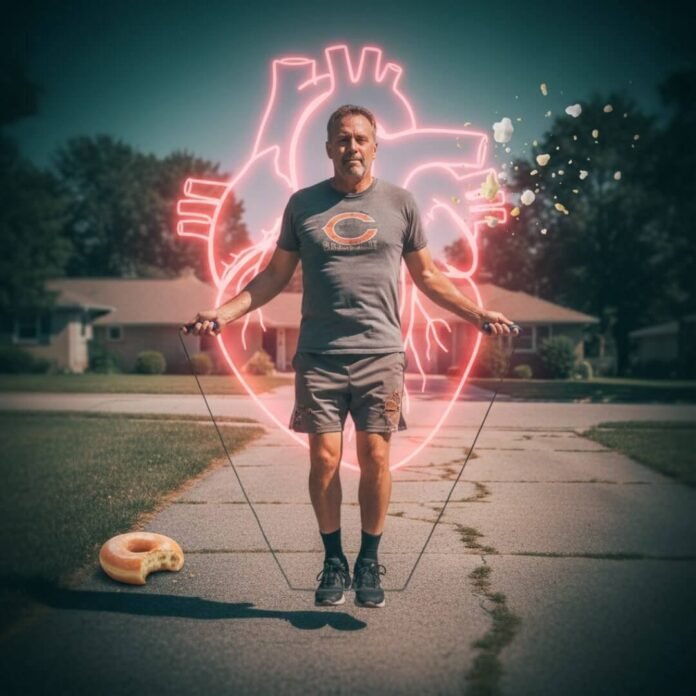 Man jump-roping with donut, glowing heart, and cholesterol confetti.