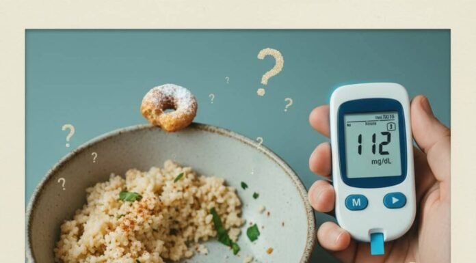 Can Lifestyle Changes Really Reverse Type 2 Diabetes? Keto meal, glucometer, donut crumb, and sugar crystal question marks.