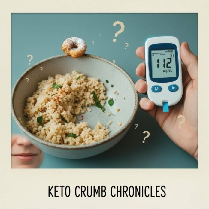 Keto meal, glucometer, donut crumb, and sugar crystal question marks.(1) Keto meal, glucometer, donut crumb, and sugar crystal question marks.