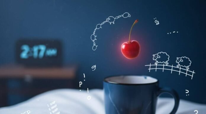 10 Foods That Can Help You Sleep Better Naturally Half-eaten banana with honey, cherry, mug, and insomnia doodles.