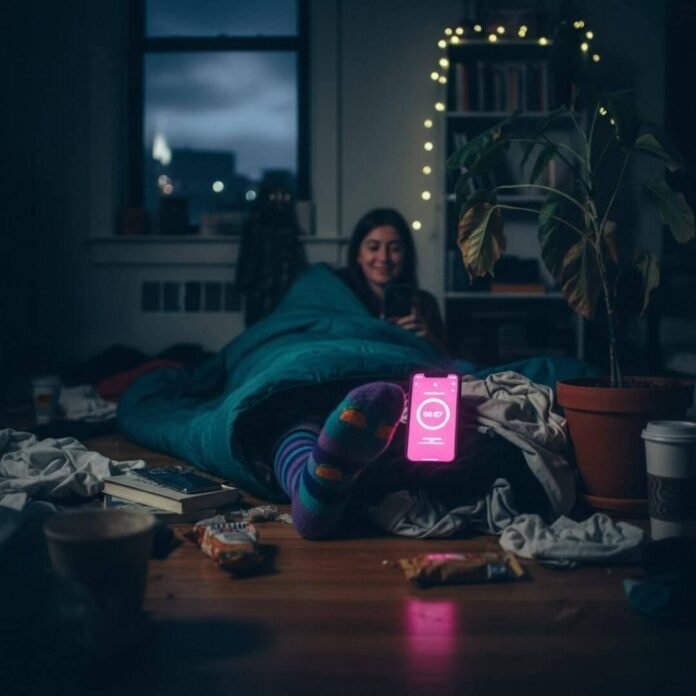 Nighttime scene in a Brooklyn apartment with a person in a sleeping bag.