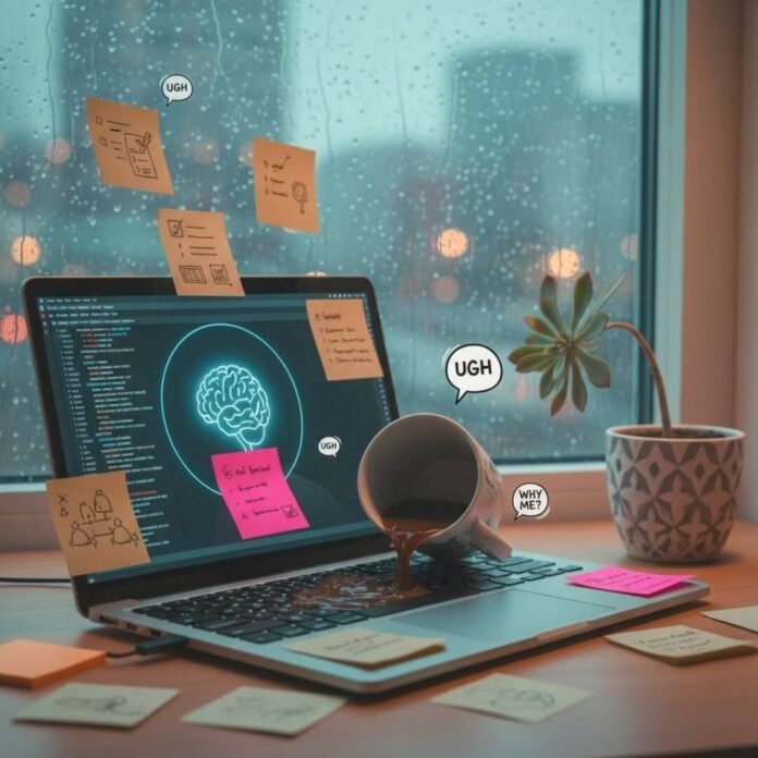 Coffee spilled on laptop keyboard with sticky notes.