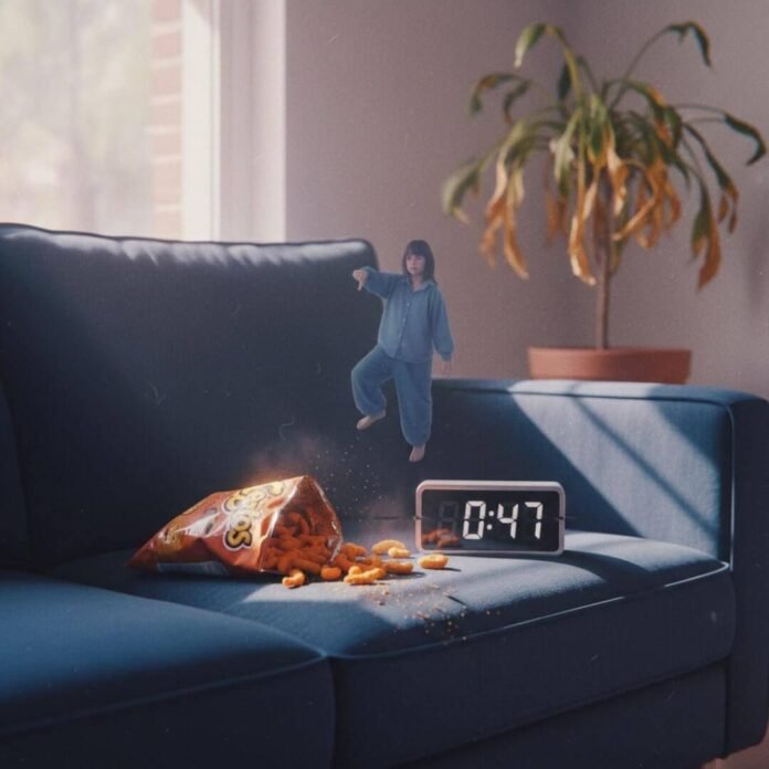 Rumpled couch, Cheetos, wilted plant, floating pajama ghost.