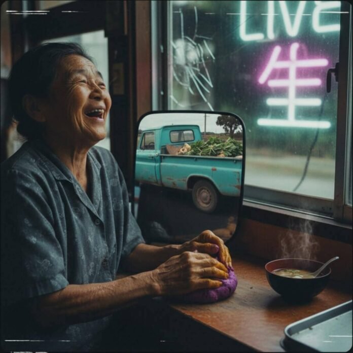 Elderly Okinawan woman laughing, kneading purple dough, truck in mirror.