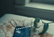 How Blue Light Affects Your Sleep and Brain Health Cracked iPhone screen, pixelated sheep, wilted plant on stained pillow.