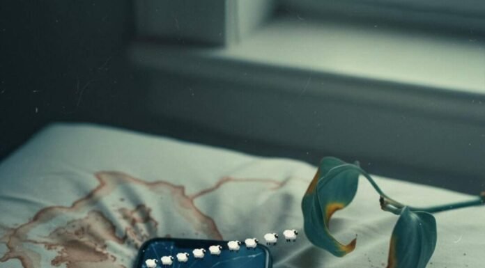 How Blue Light Affects Your Sleep and Brain Health Cracked iPhone screen, pixelated sheep, wilted plant on stained pillow.