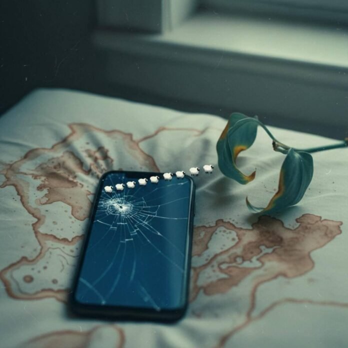 Cracked iPhone screen, pixelated sheep, wilted plant on stained pillow.