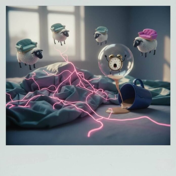 Neural pathways, coffee, alarm, sheep, and bed.