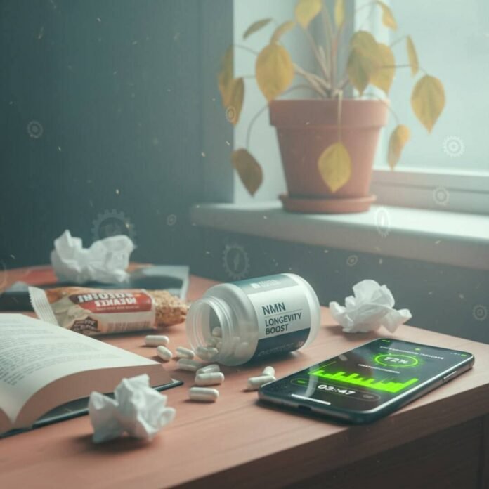 NMN bottle, phone, and wilted plant on nightstand.