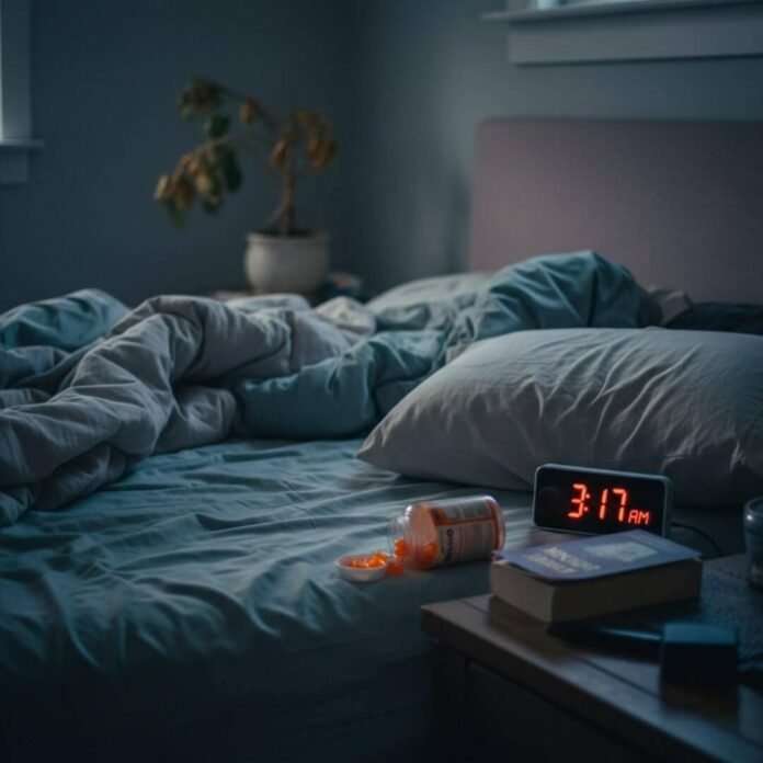 Rumpled bed, melatonin, book, 3:17 AM.(1) Rumpled bed, melatonin, book, 3:17 AM.