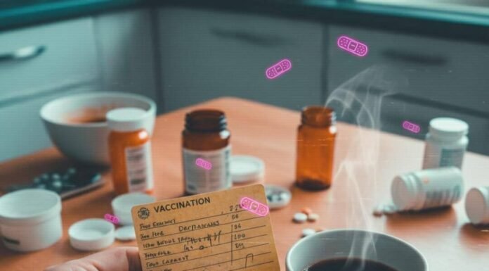 Why Vaccines Still Matter for Adults and Seniors Wrinkled hand, vaccination card, coffee, pill bottles.