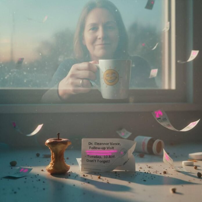 Half-eaten apple, appointment reminder, coffee mug reflection, floating calendar.