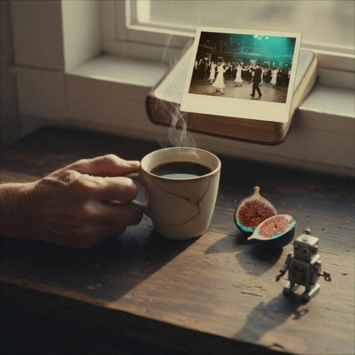 Elderly hand, coffee, fig, Polaroid, robot, sepia tones.(1) Elderly hand, coffee, fig, Polaroid, robot, sepia tones.