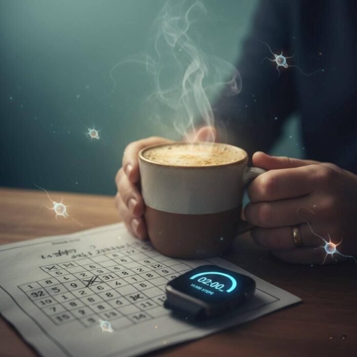Steaming coffee, Sudoku, smartwatch, floating neurons.