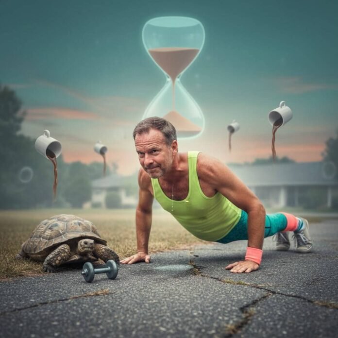 Man doing pushups next to a tortoise with a dumbbell.