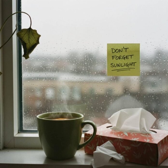 Rainy window, tea, tissue, and a reminder.