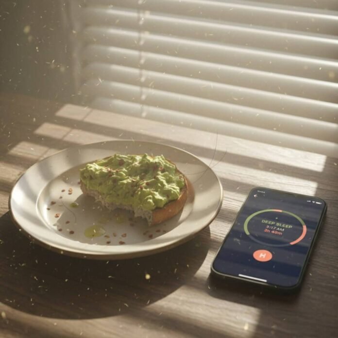 Half-eaten avocado toast, phone with sleep tracker, gray hair, sunlight.