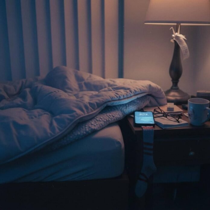 Weighted blanket, messy nightstand, cracked phone 3:12 a.m., mismatched sock.