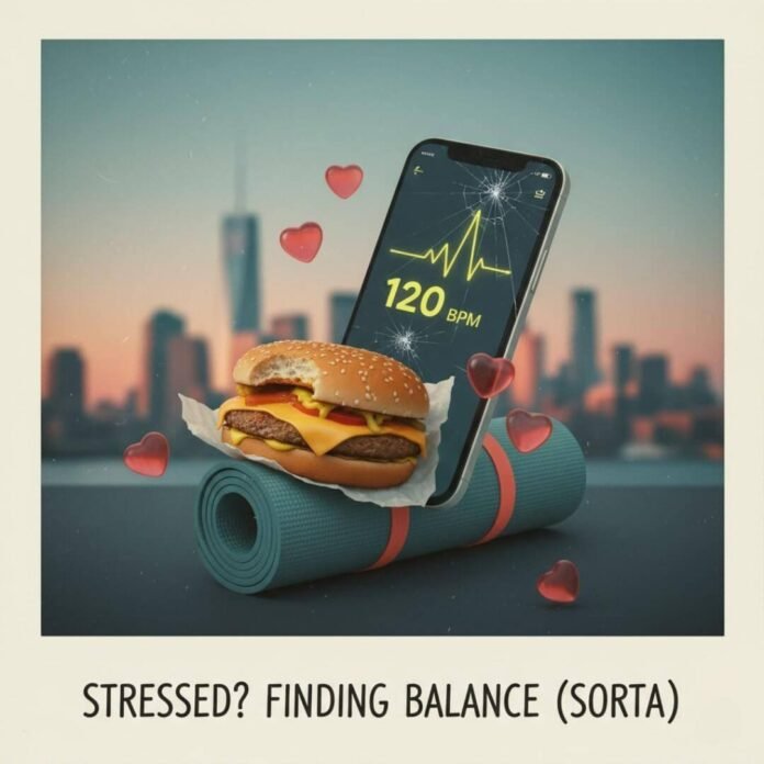 Cracked phone, burger, yoga mat, heart rate, stress.