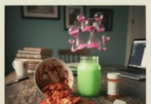 Longevity Diet: What to Eat for a Longer, Healthier Life Kimchi, smoothie, pills, and floating hourglasses on a table.