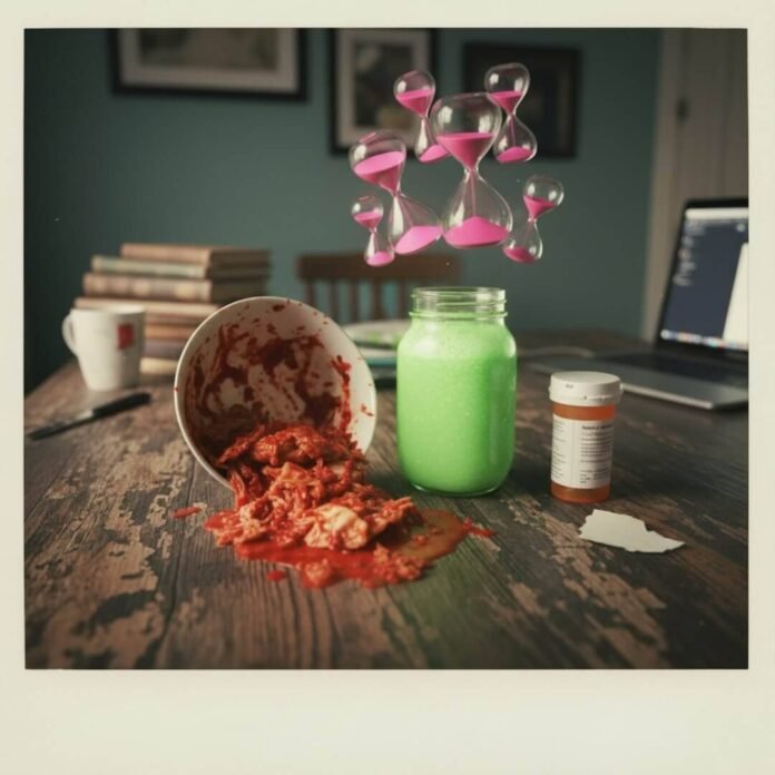 Kimchi, smoothie, pills, and floating hourglasses on a table.