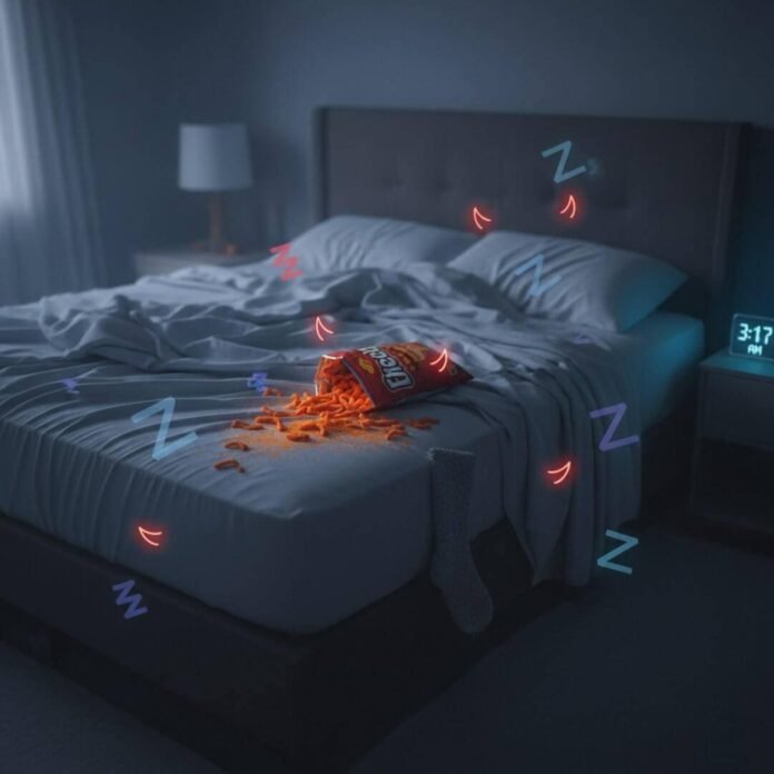 Rumpled bed, spilled Cheetos, 3:17 AM alarm.