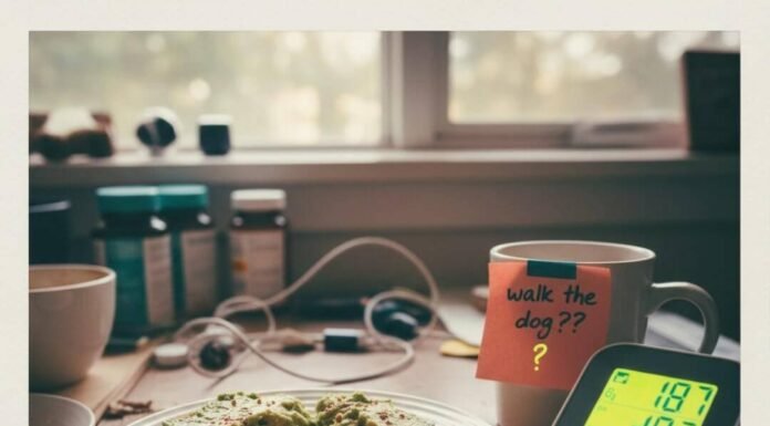 How Small Lifestyle Changes Prevent Big Health Problems Half-eaten avocado toast, blood pressure cuff, and a "walk the dog??" sticky note.