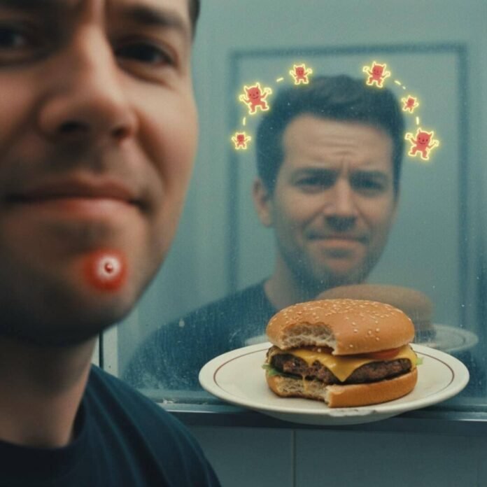 "Man with pimple and burger, reflected in a foggy mirror."