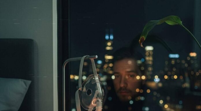 Sleep Apnea Explained: Symptoms, Causes, and Treatments Sleep apnea nightstand: CPAP, Takis, city reflection.