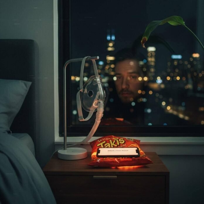 Sleep apnea nightstand: CPAP, Takis, city reflection.(1) Sleep apnea nightstand: CPAP, Takis, city reflection.